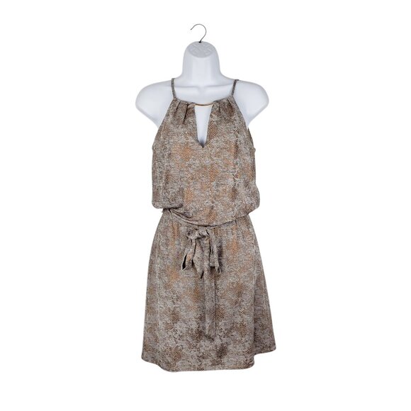 WHBM NWT Blouson Dress XXS Snake Print Bronze Foil Halter Kyhl Neck Sleeveless - Picture 1 of 8